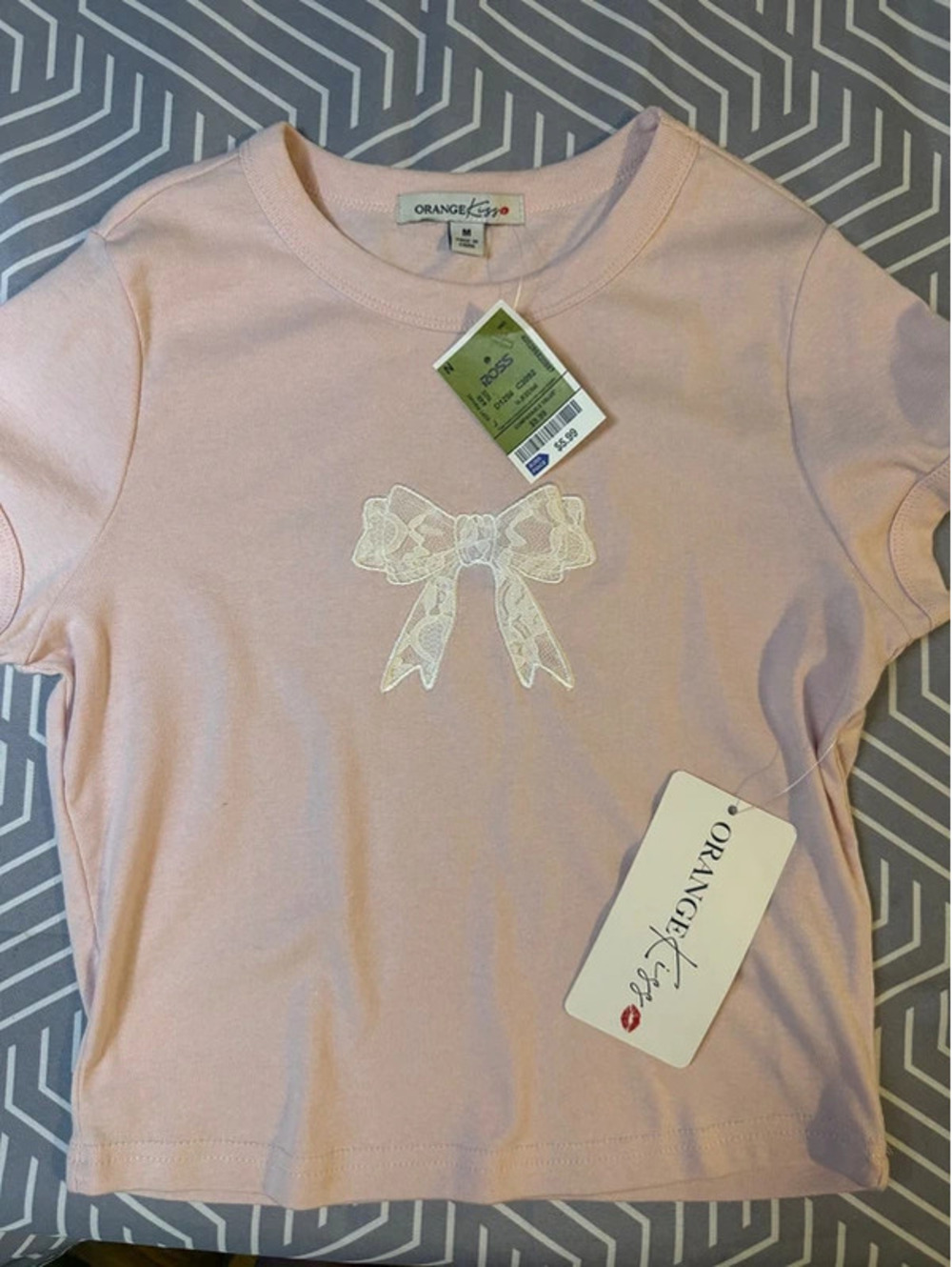 Orange Kiss Women’s Medium Pink Lace Bow Crop Baby Tee NWT